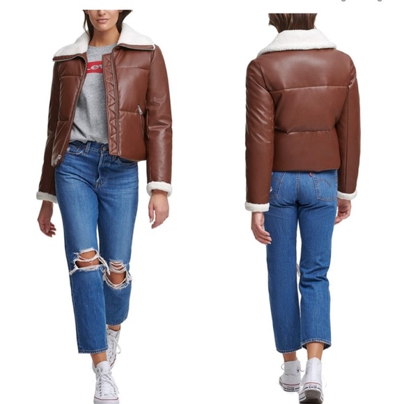 NWT Levi’s Breanna Puffer Brown Sherpa Lined Faux Leather - Picture 1 of 10